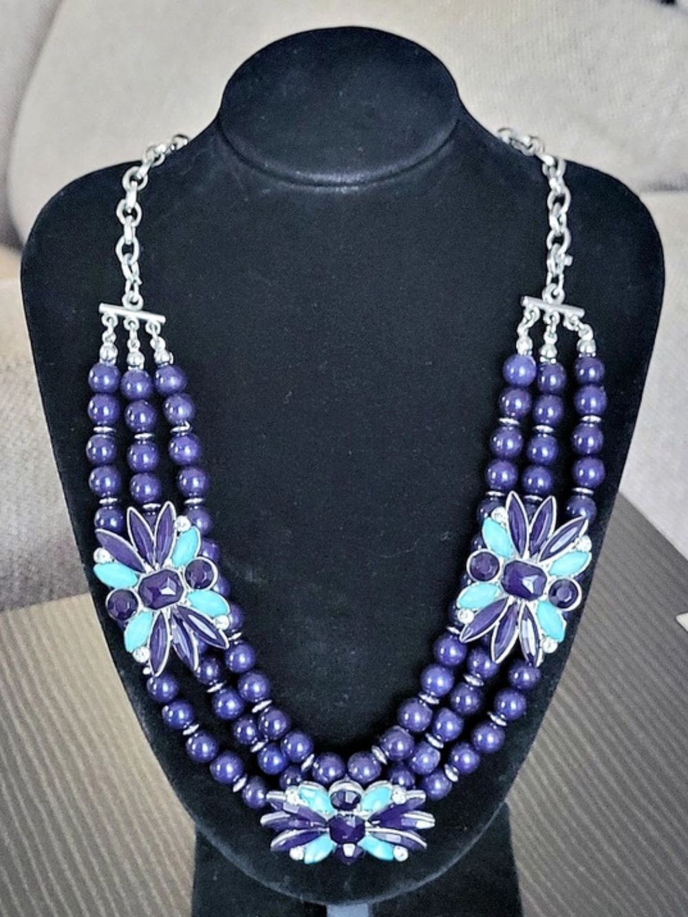 New York & Company Purple & Blue Beaded Statement Necklace